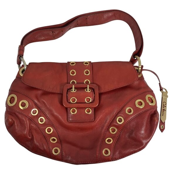 Cole Haan Red Leather Shoulder Bag With Gold Eyelet Accents + Buckle Detail - Picture 1 of 11